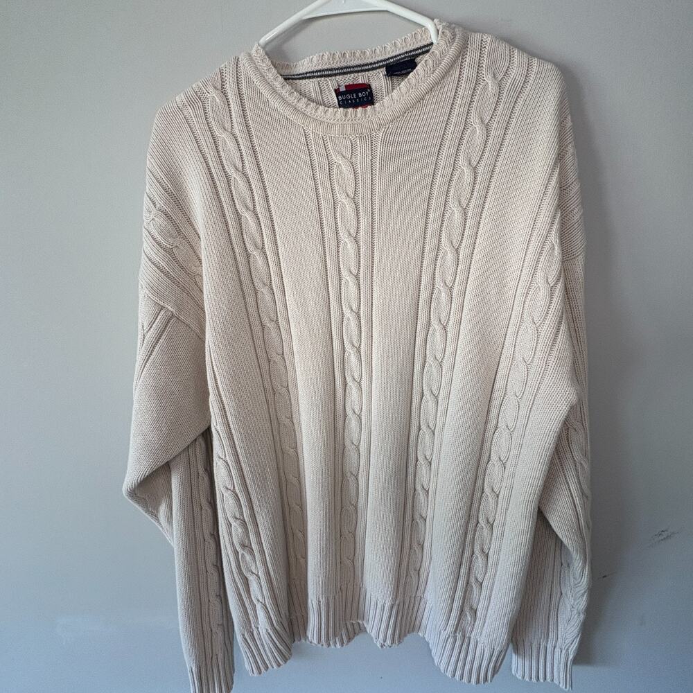 Vintage Bugle Boy Classics Mens L Cream Cable Knit 100% Cotton Sweater 90s